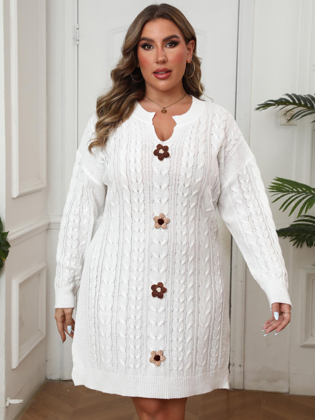 Chic Oversized Women's V-Neck Cable Knit Woven Sweater Dress with Hand-Crocheted Flower Patchwork