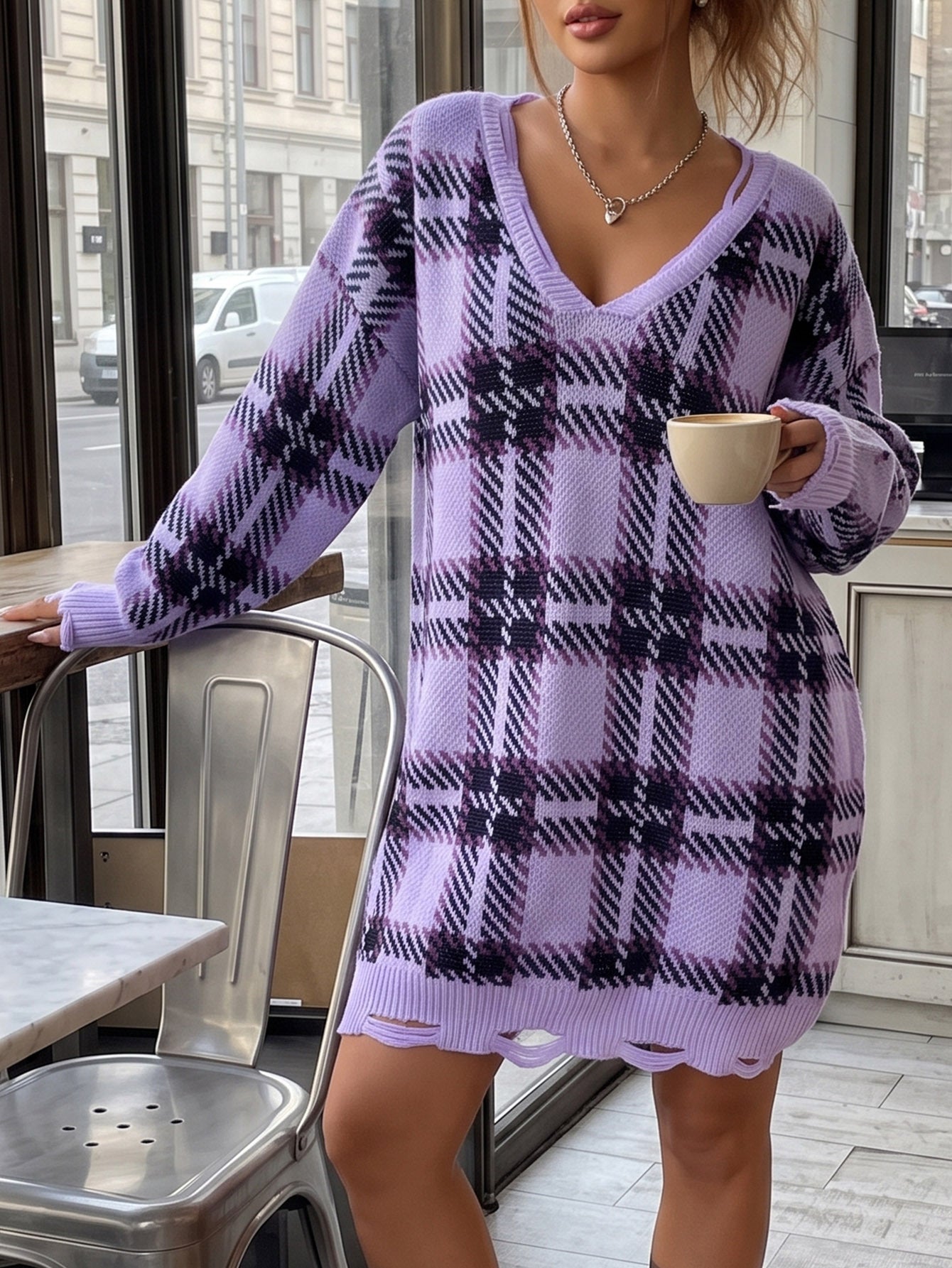 Robe chic avec motif écossais color-block, robe pull en grosse maille