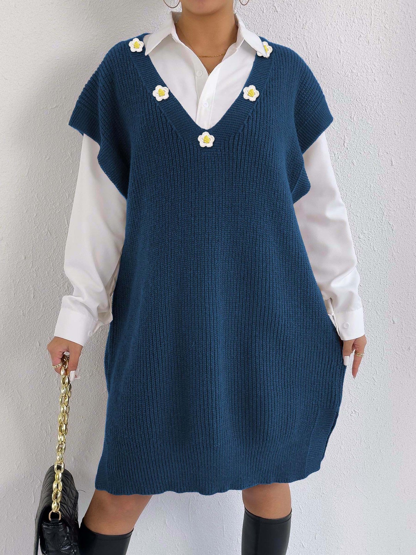 Flower Applique Vest Women's Knit Dress Loose Sleeveless Dress Deep V-neck Cardigan (Without Belt)