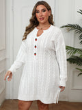 Oversized Women's V-Neck Cable Knit Sweater Dress in Solid Color with Strawberry Button 3D Embellishment
