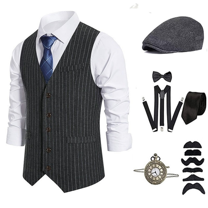 Gatsby Style Stripe Single Breasted Vest for Men Casual Suit Vest Plus Size