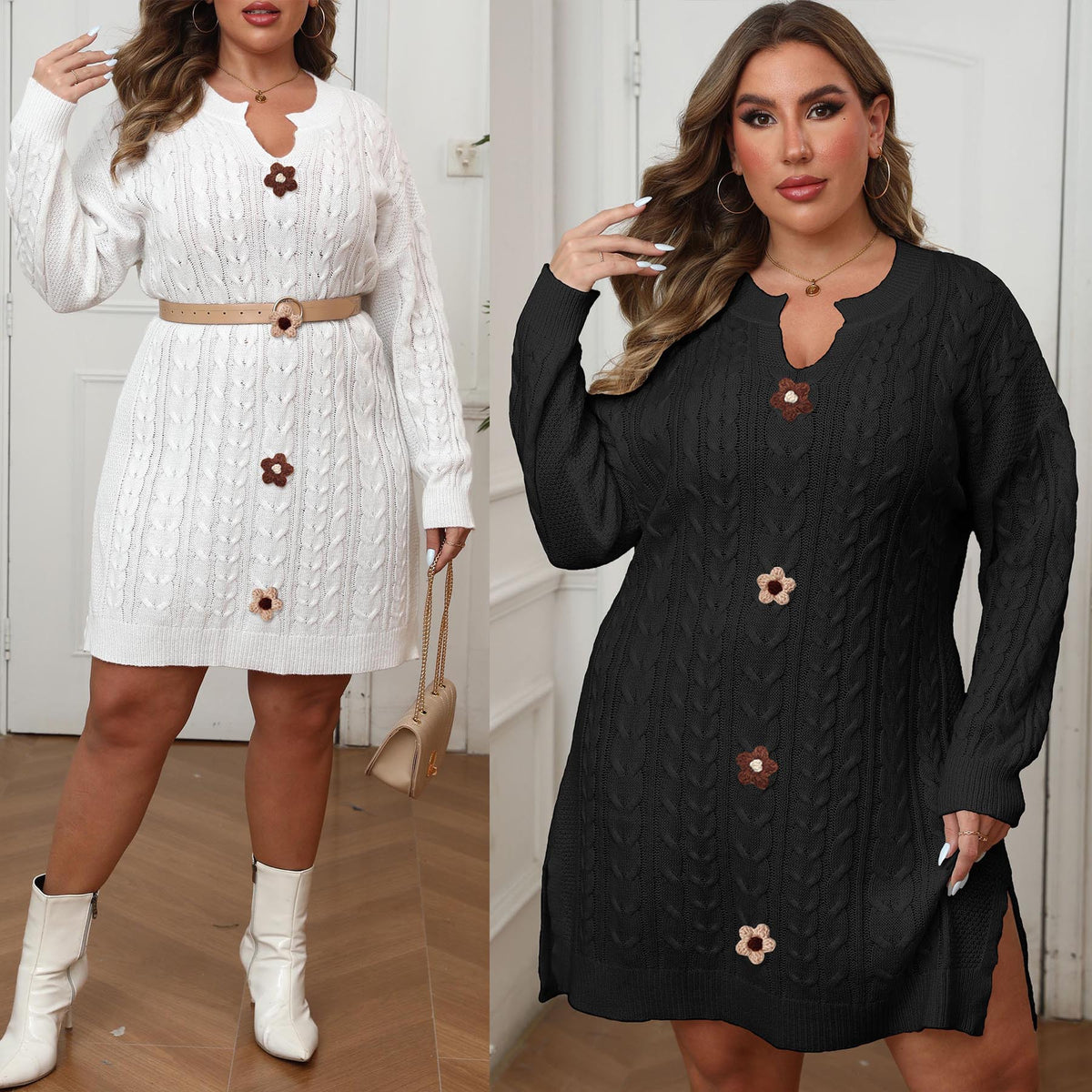 Chic Oversized Women's V-Neck Cable Knit Woven Sweater Dress with Hand-Crocheted Flower Patchwork
