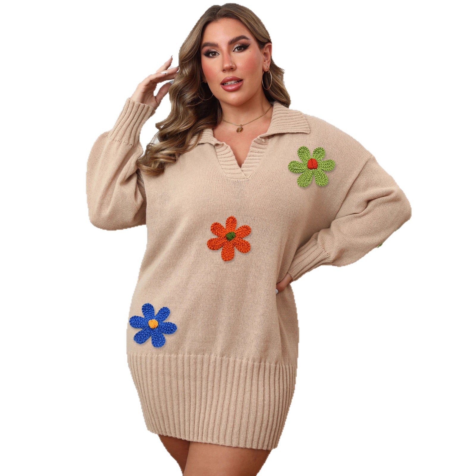 Plus Size Women's Polo Neck Bodycon Dress Knit Embroidered Flower Patchwork Sweater Dress