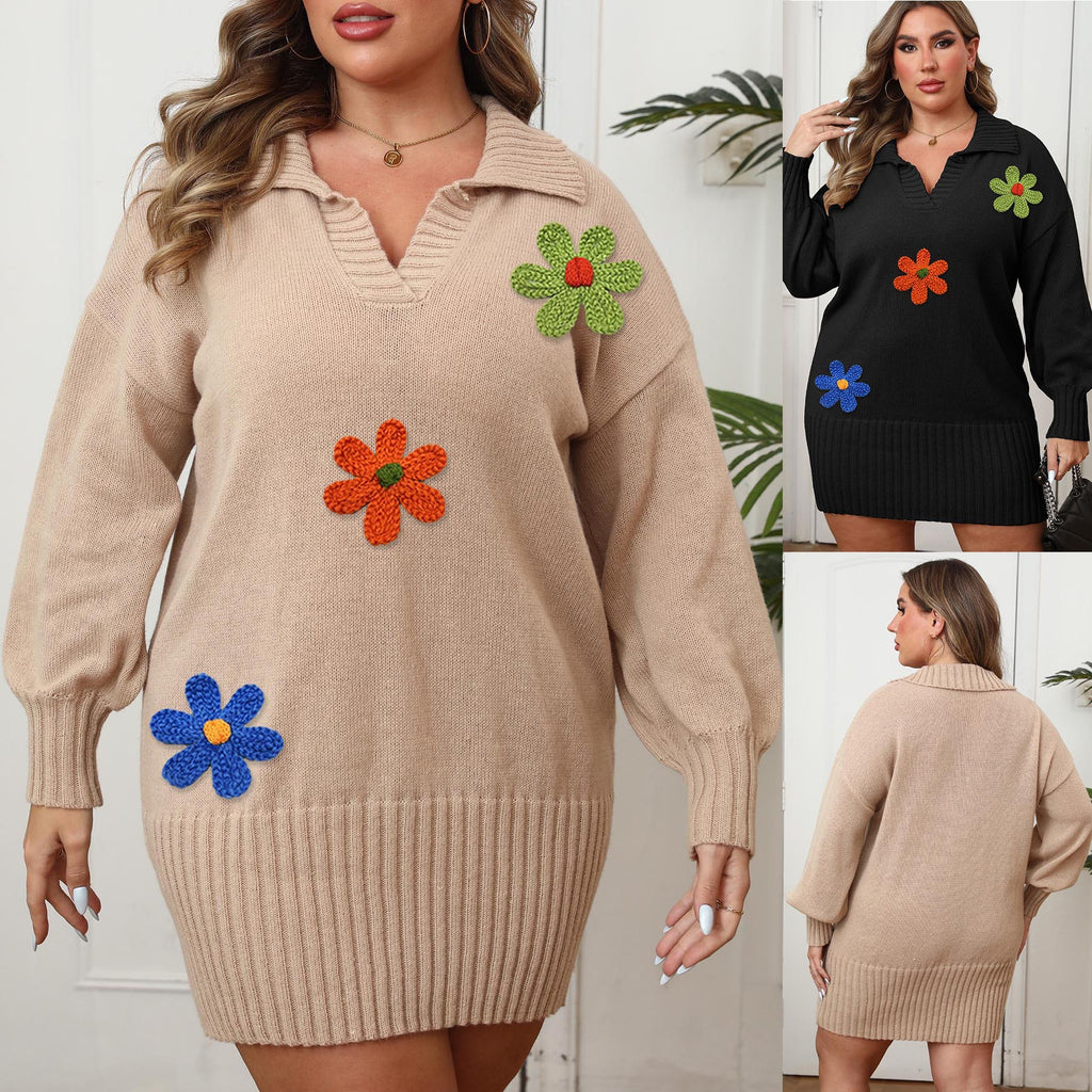 Robe pull moulante à col roulé brodée de fleurs et patchwork pour femme grande taille
