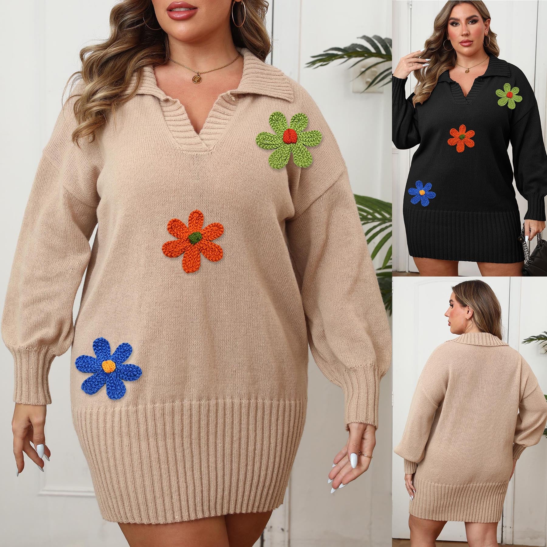 Plus Size Women's Polo Neck Bodycon Dress Knit Embroidered Flower Patchwork Sweater Dress