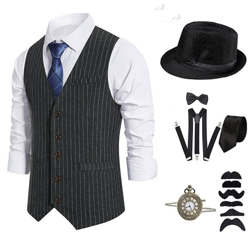 Gatsby Style Stripe Single Breasted Vest for Men Casual Suit Vest Plus Size