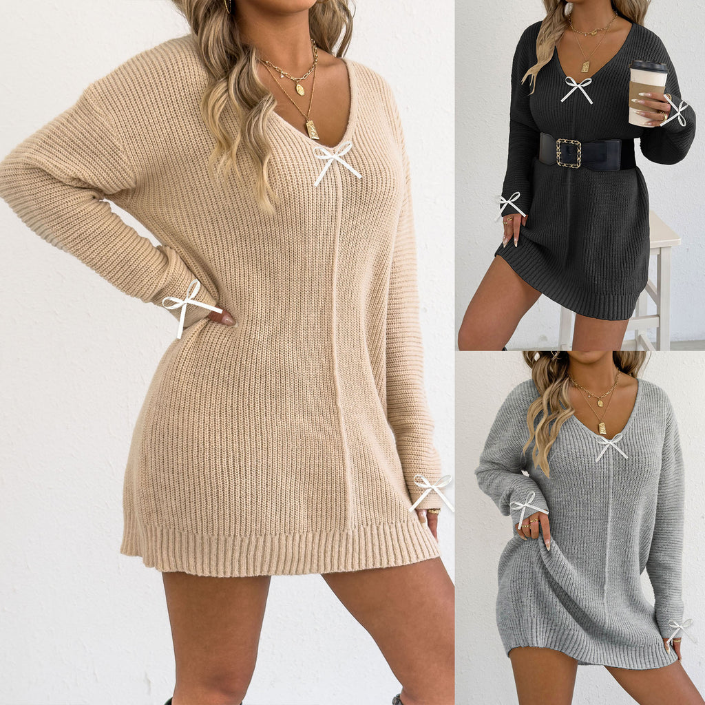 Pull en tricot sexy à col en V profond pour femme avec nœud en ruban, robe pull à manches longues (sans ceinture)