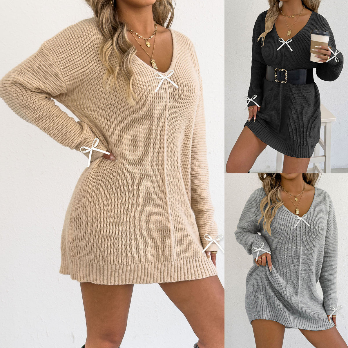 Women's Deep V-Neck Sexy Knit Sweater with Ribbon Bow, Long Sleeve Knit Dress (Without Belt)