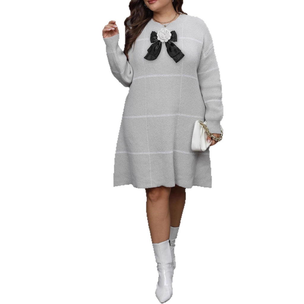 Robe En Maille Tissée Grande Taille Femme Rayée Couleur Bloc Nœud Lacets Détail Crochet Robe