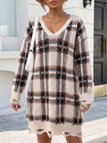 Chic Dress with Color-Block Plaid Pattern, Thick Knitted Sweater Dress