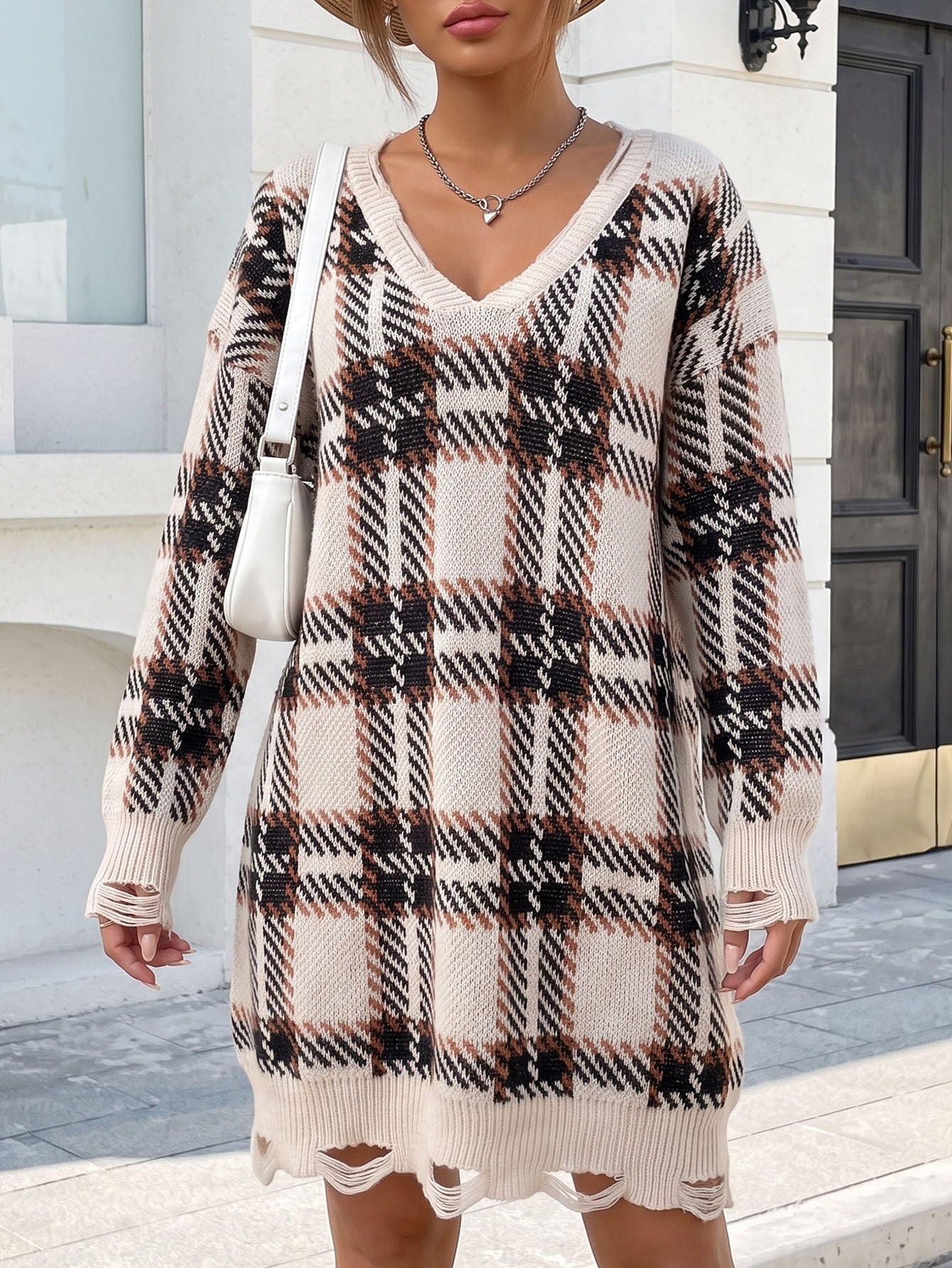 Robe chic avec motif écossais color-block, robe pull en grosse maille