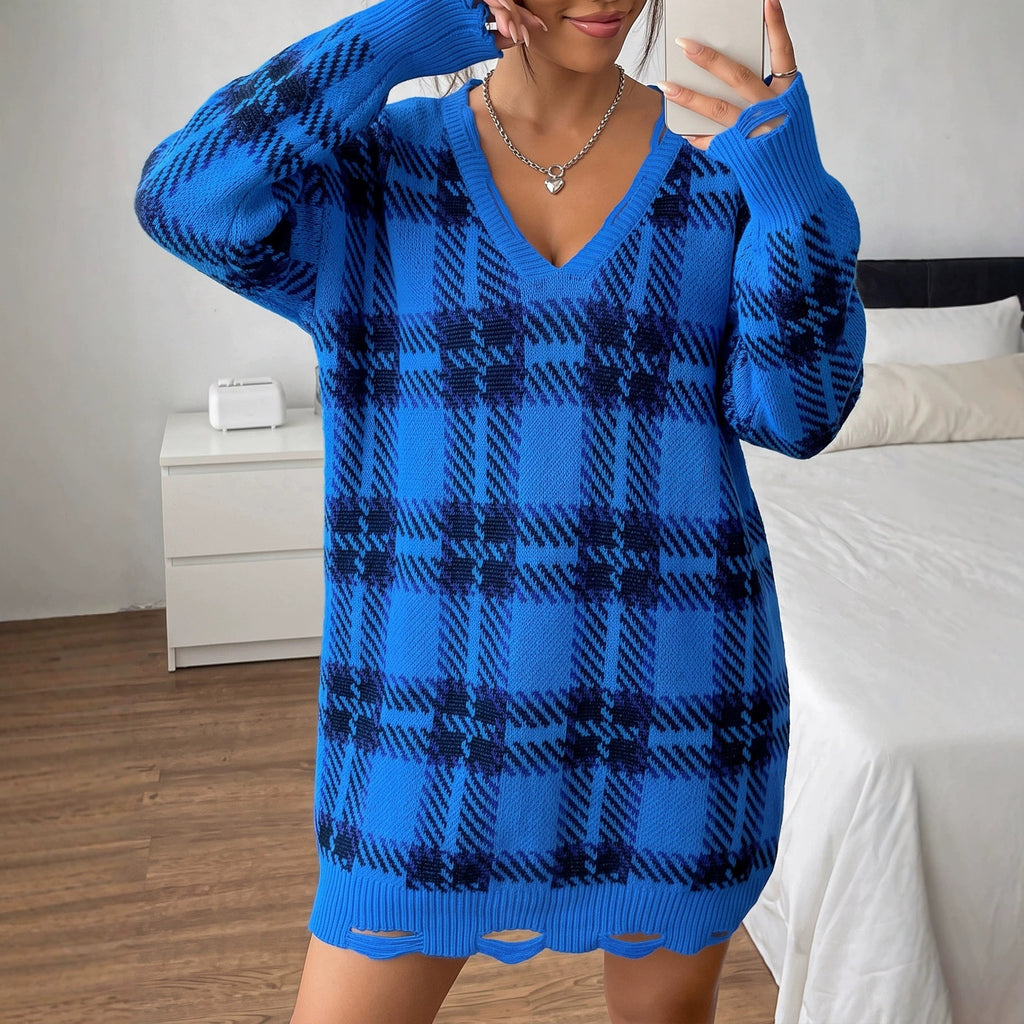 Chic Dress with Color-Block Plaid Pattern, Thick Knitted Sweater Dress