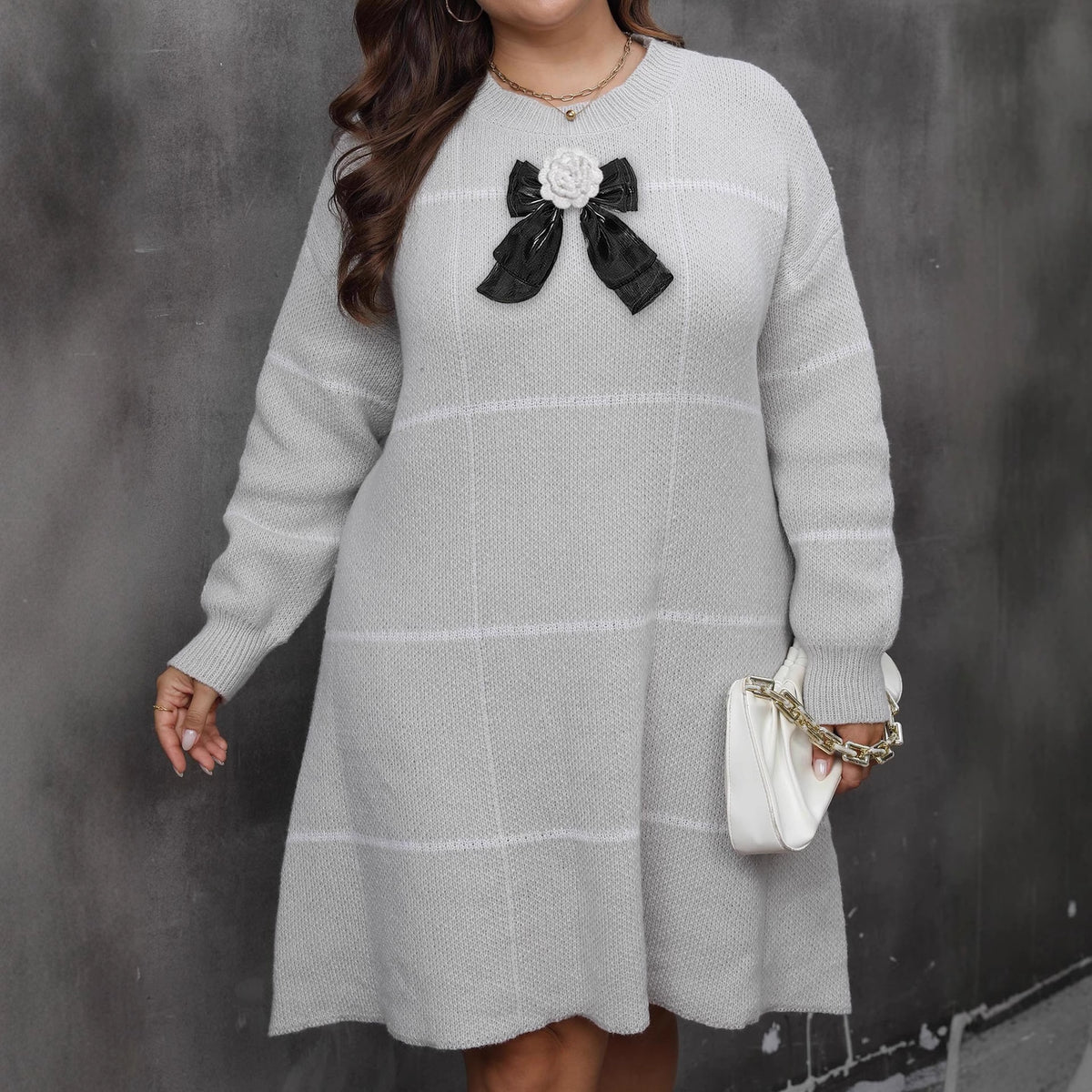 Woven Knit Dress Women's Plus Size Striped Color Block Bow Lace-Up Crochet Detail Dress