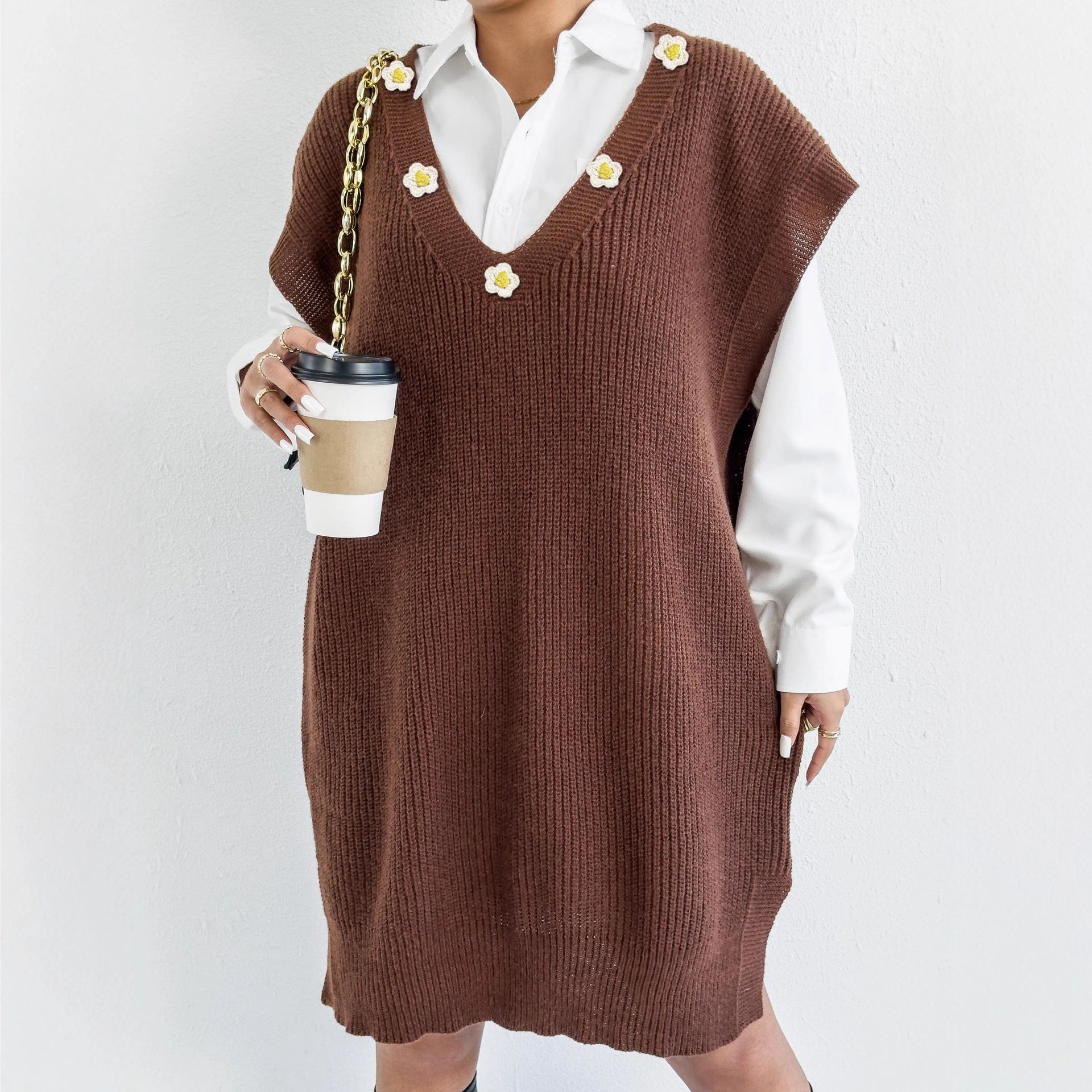 Flower Applique Vest Women's Knit Dress Loose Sleeveless Dress Deep V-neck Cardigan (Without Belt)