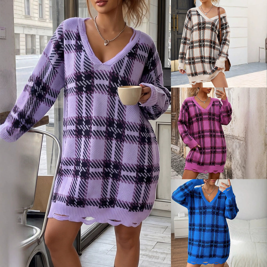 Chic Dress with Color-Block Plaid Pattern, Thick Knitted Sweater Dress