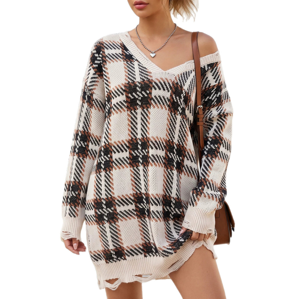 Chic Dress with Color-Block Plaid Pattern, Thick Knitted Sweater Dress