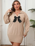 Dress Plus Size Women's Polo Neck Bodycon Dress with Ribbon Bow Splicing Knit Dress