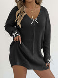 Pull en tricot sexy à col en V profond pour femme avec nœud en ruban, robe pull à manches longues (sans ceinture)