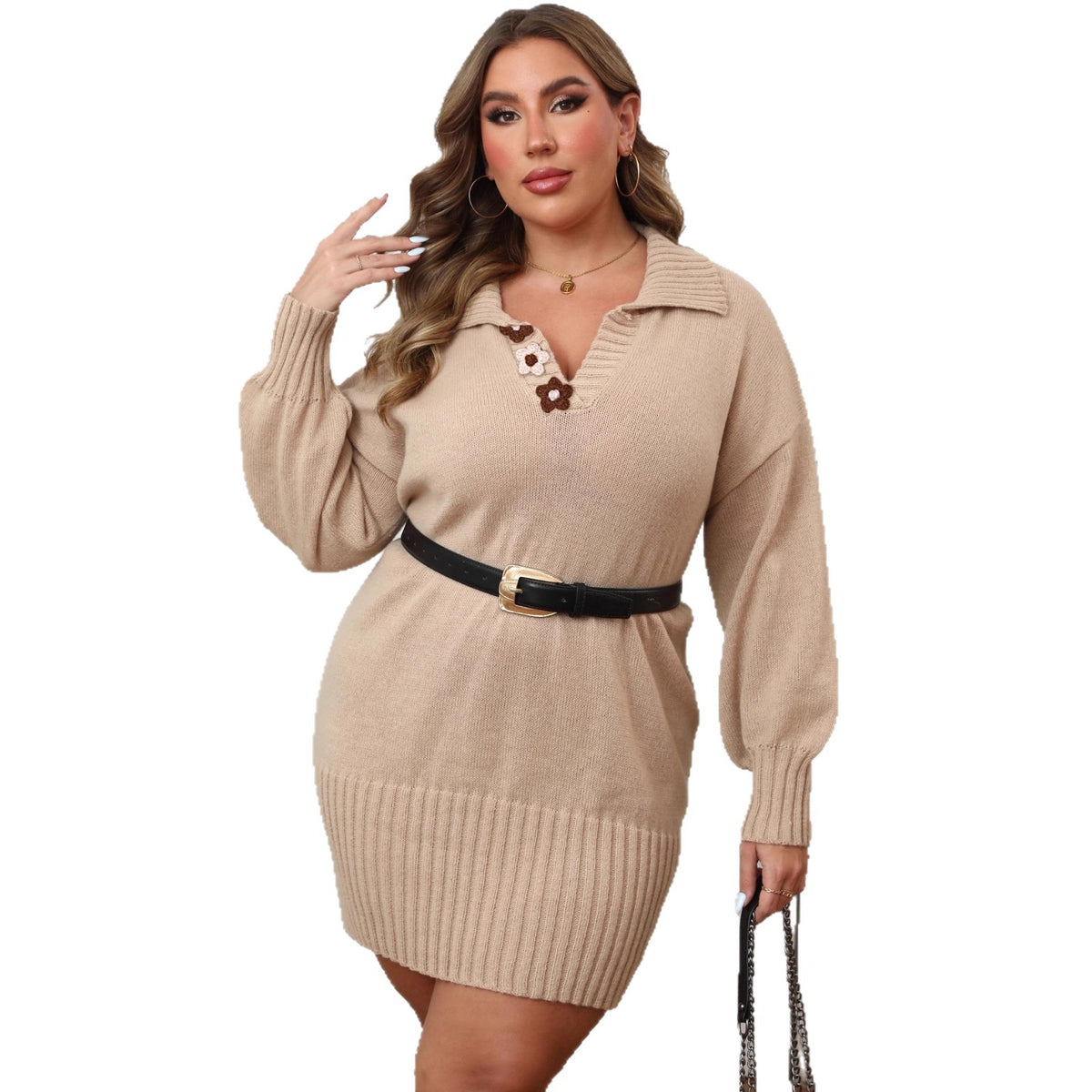 Plus Size Women's Polo Neck Bodycon Dress Hand-knitted Flower Patchwork Knit Dress