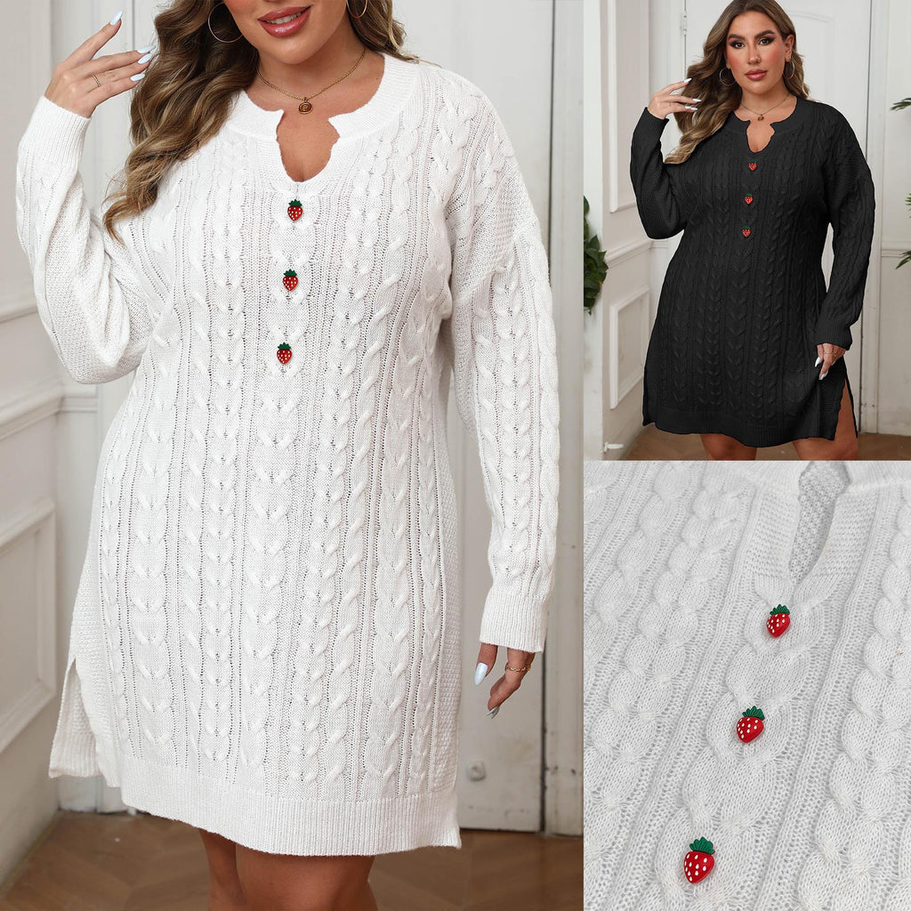 Oversized Women's V-Neck Cable Knit Sweater Dress in Solid Color with Strawberry Button 3D Embellishment
