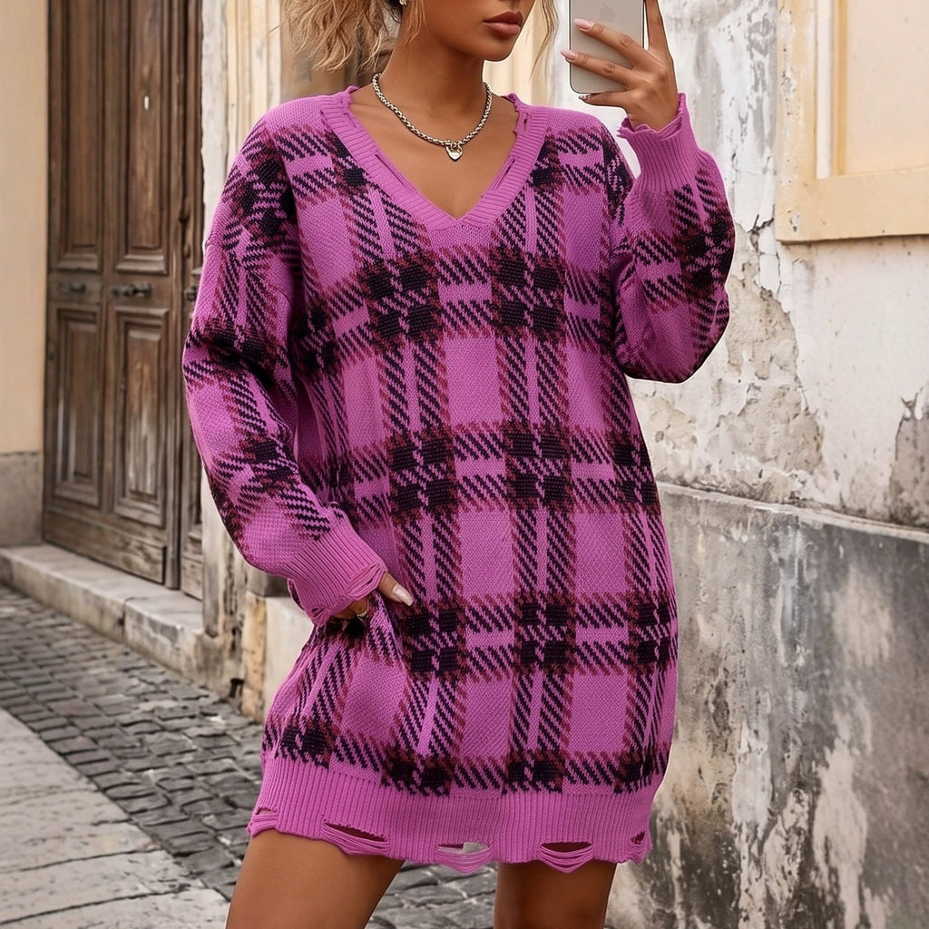 Chic Dress with Color-Block Plaid Pattern, Thick Knitted Sweater Dress