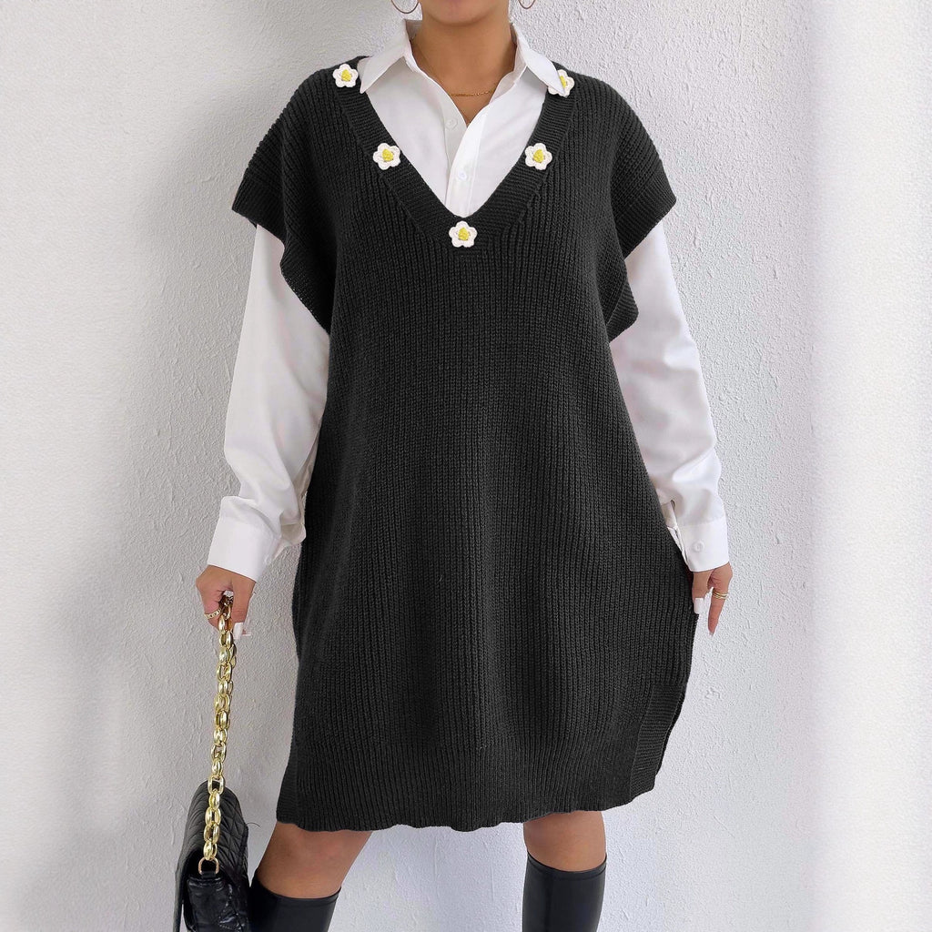 Robe tricotée sans manches à motif floral et col en V profond pour femme (sans ceinture)