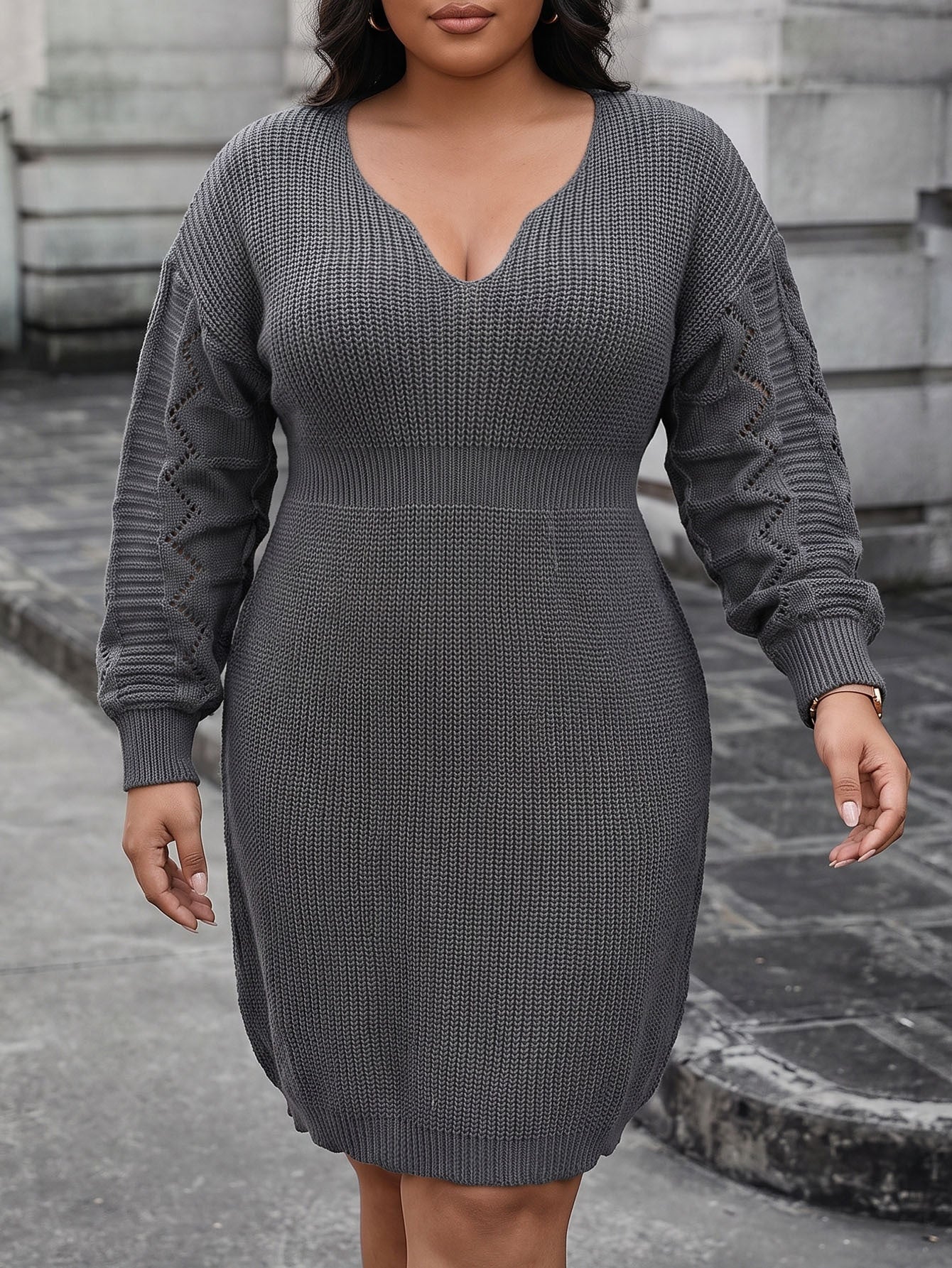 Chic Oversized Women's Knit Dress with V-Neck