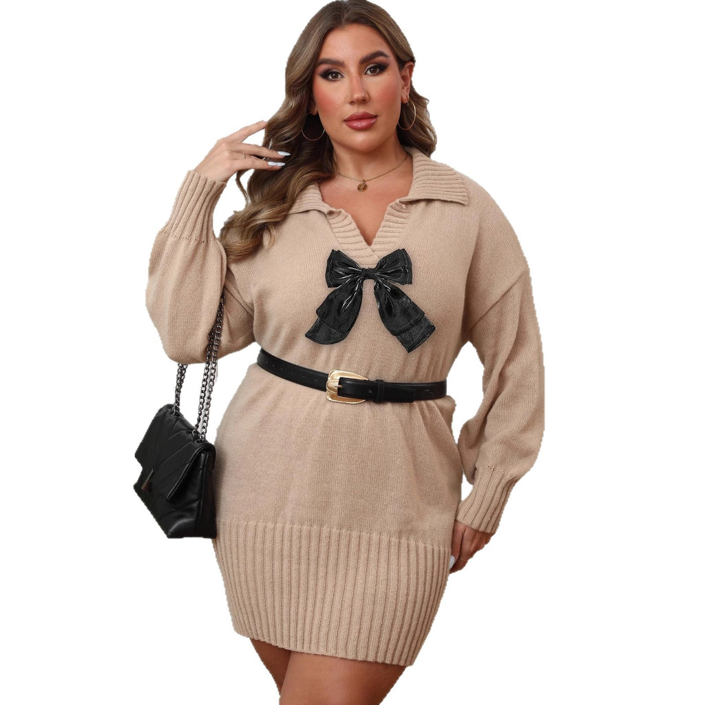 Dress Plus Size Women's Polo Neck Bodycon Dress with Ribbon Bow Splicing Knit Dress