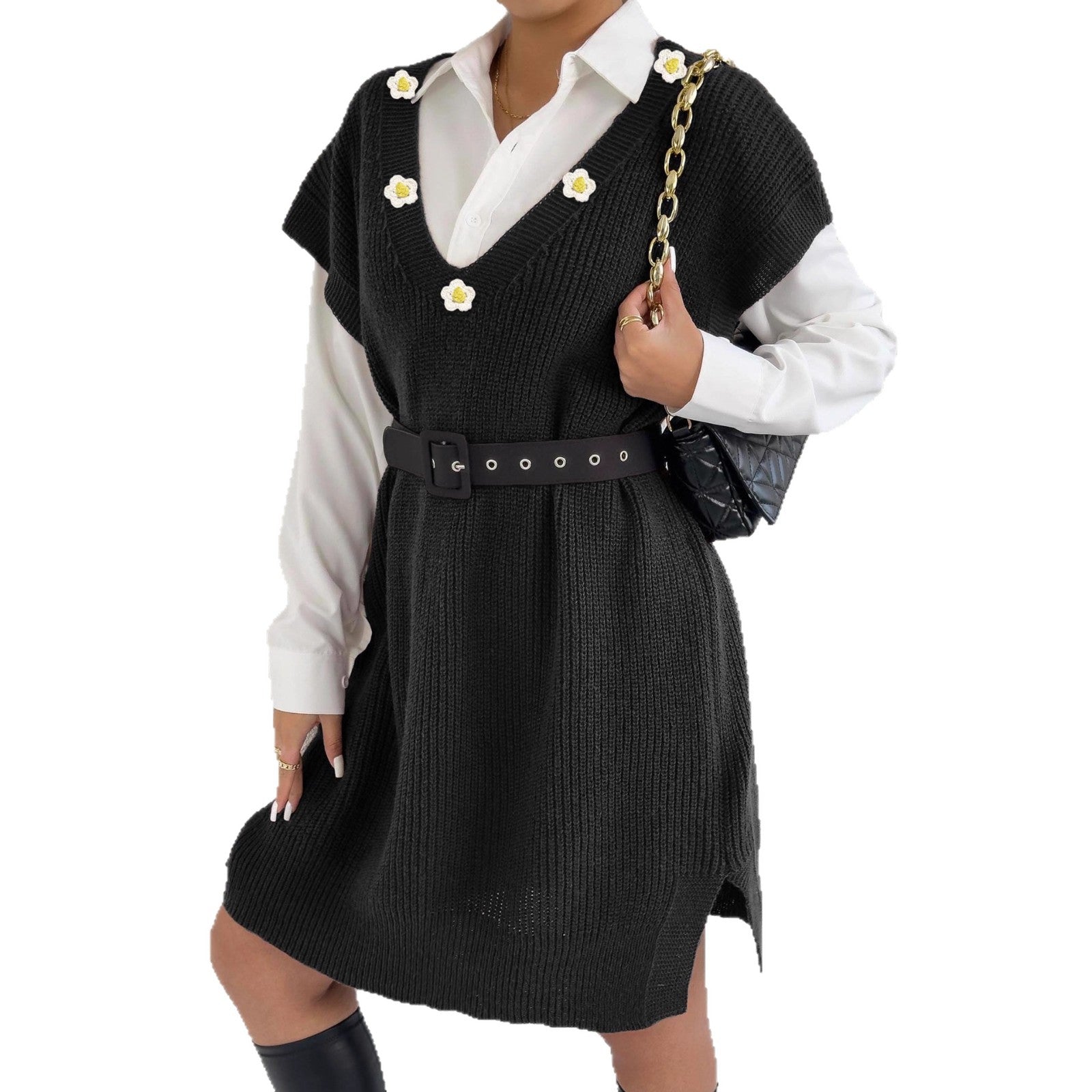 Flower Applique Vest Women's Knit Dress Loose Sleeveless Dress Deep V-neck Cardigan (Without Belt)