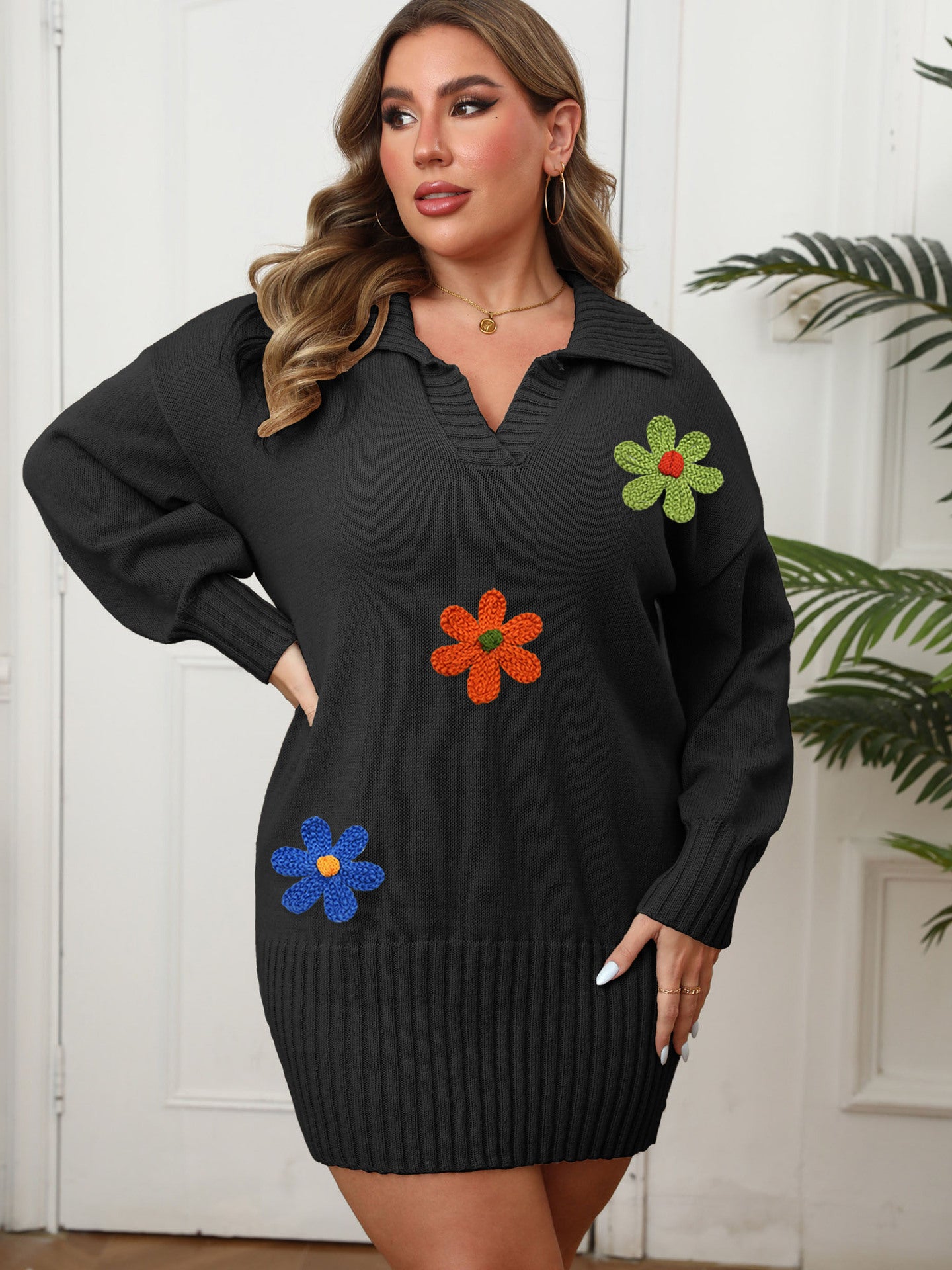 Plus Size Women's Polo Neck Bodycon Dress Knit Embroidered Flower Patchwork Sweater Dress