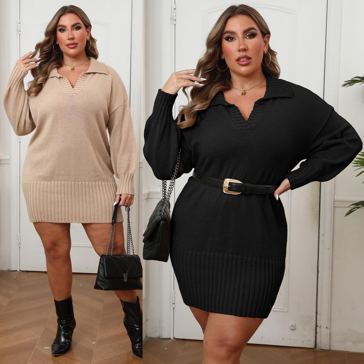 Plus Size Women's Polo Neck Bodycon Knit Dress