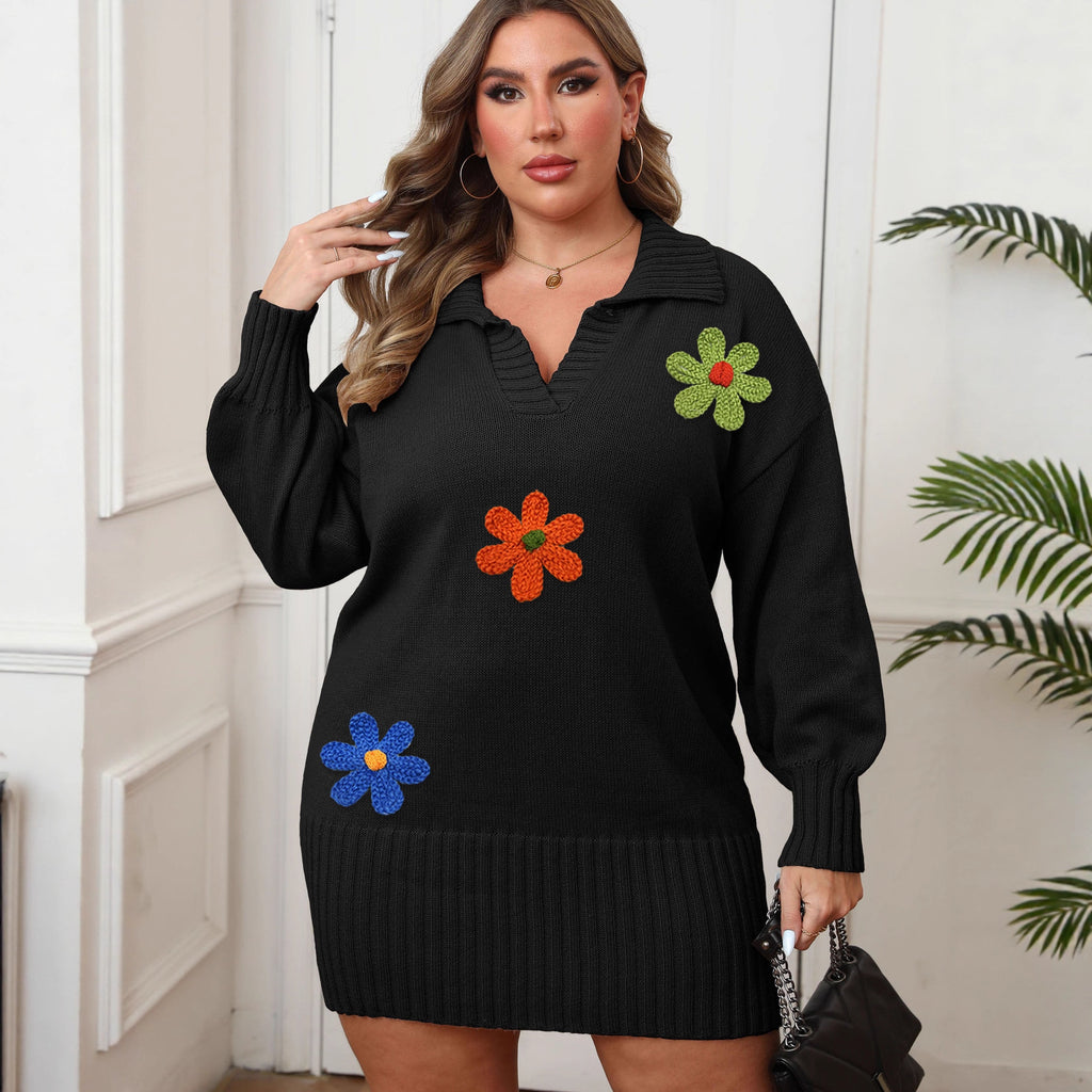 Robe pull moulante à col roulé brodée de fleurs et patchwork pour femme grande taille