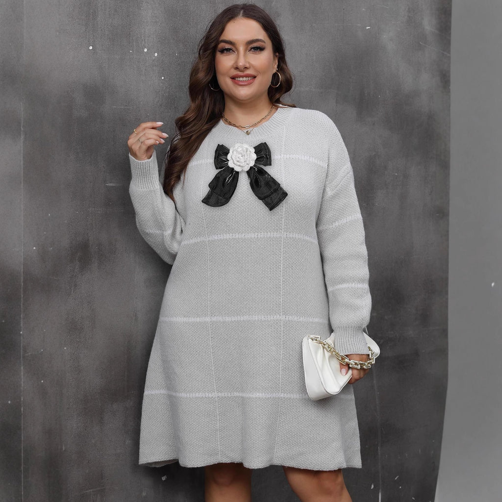 Robe En Maille Tissée Grande Taille Femme Rayée Couleur Bloc Nœud Lacets Détail Crochet Robe