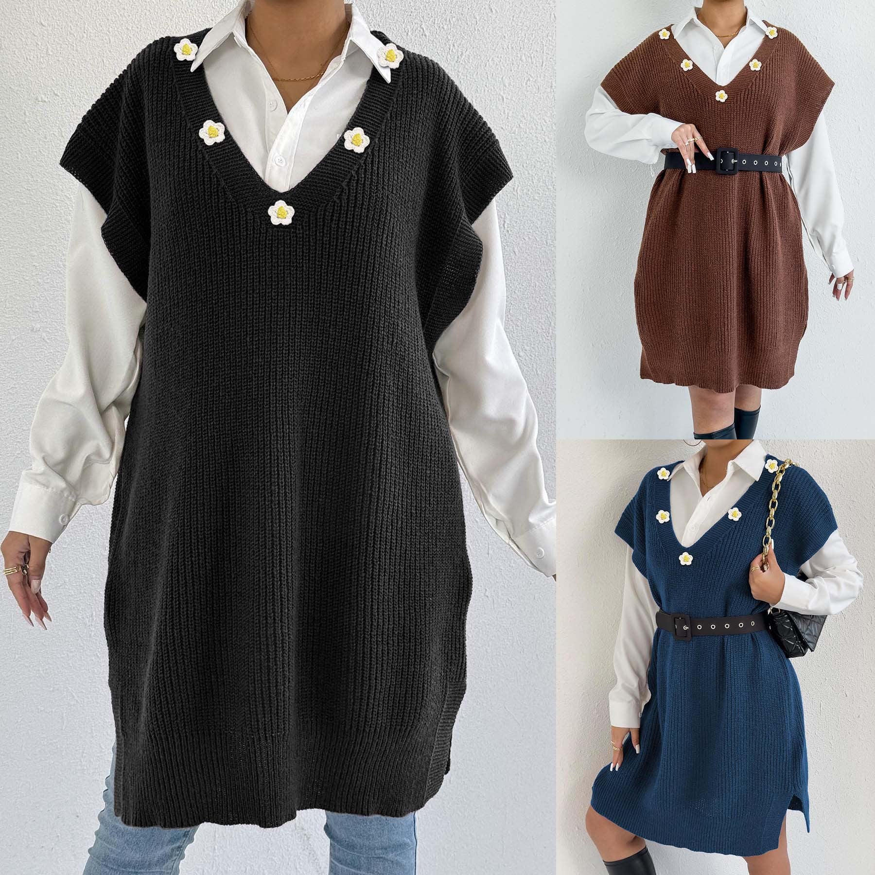 Flower Applique Vest Women's Knit Dress Loose Sleeveless Dress Deep V-neck Cardigan (Without Belt)