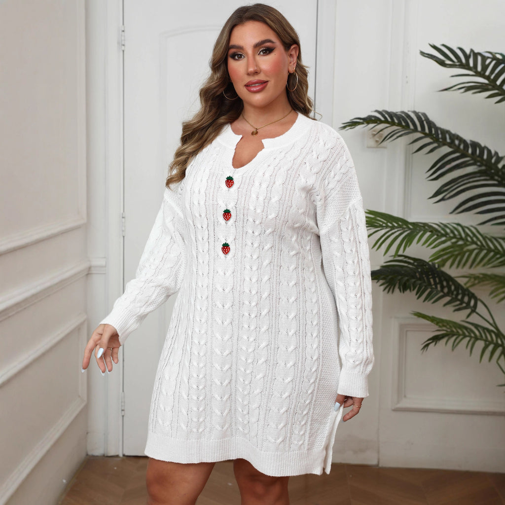 Oversized Women's V-Neck Cable Knit Sweater Dress in Solid Color with Strawberry Button 3D Embellishment