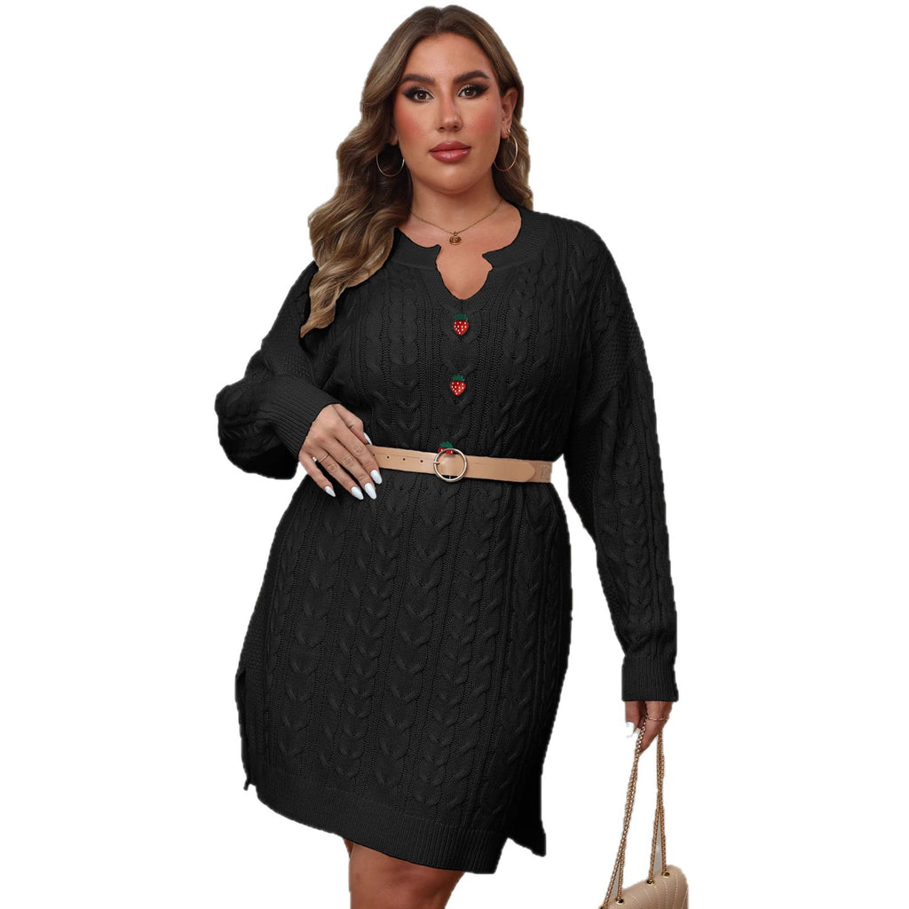 Oversized Women's V-Neck Cable Knit Sweater Dress in Solid Color with Strawberry Button 3D Embellishment