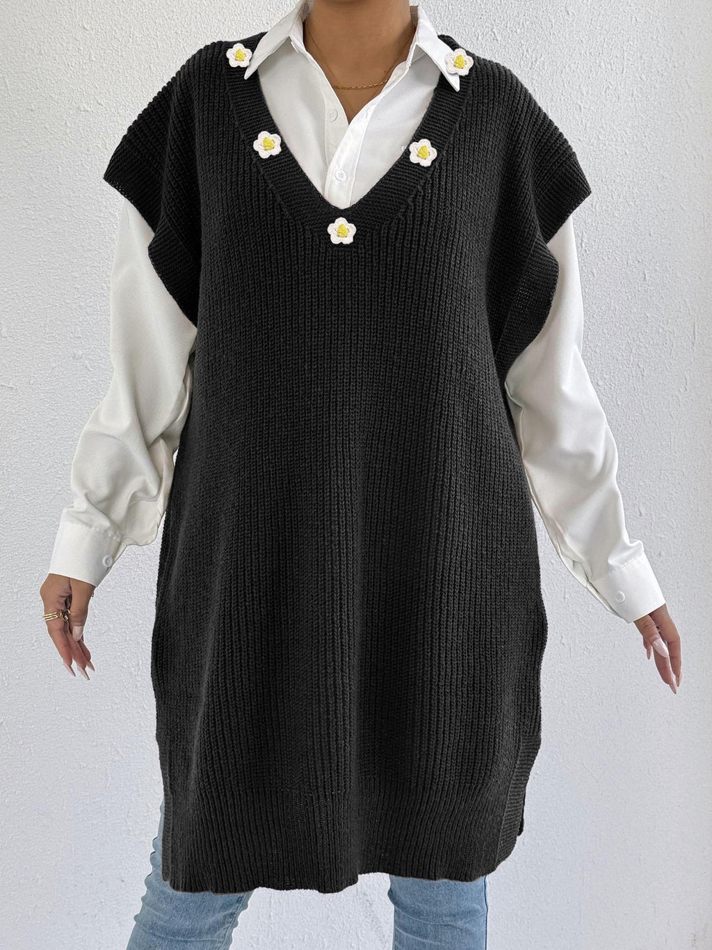 Robe tricotée sans manches à motif floral et col en V profond pour femme (sans ceinture)