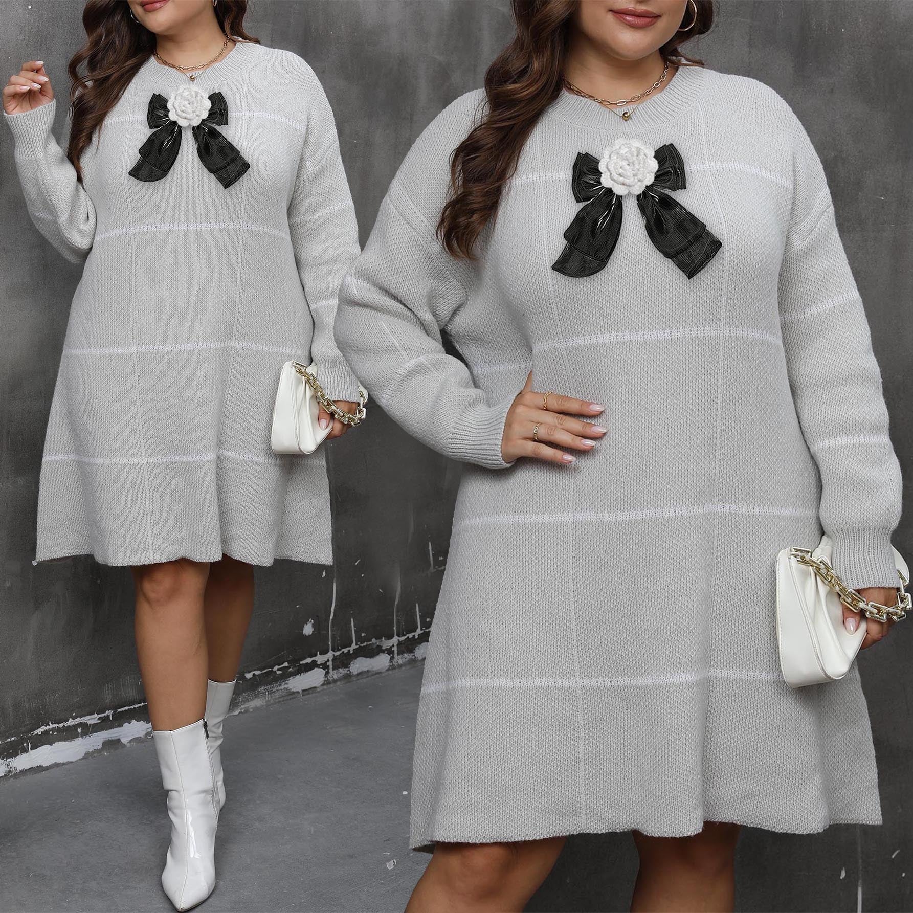 Woven Knit Dress Women's Plus Size Striped Color Block Bow Lace-Up Crochet Detail Dress