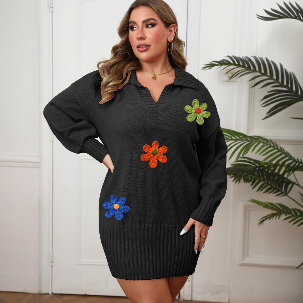 Robe pull moulante à col roulé brodée de fleurs et patchwork pour femme grande taille