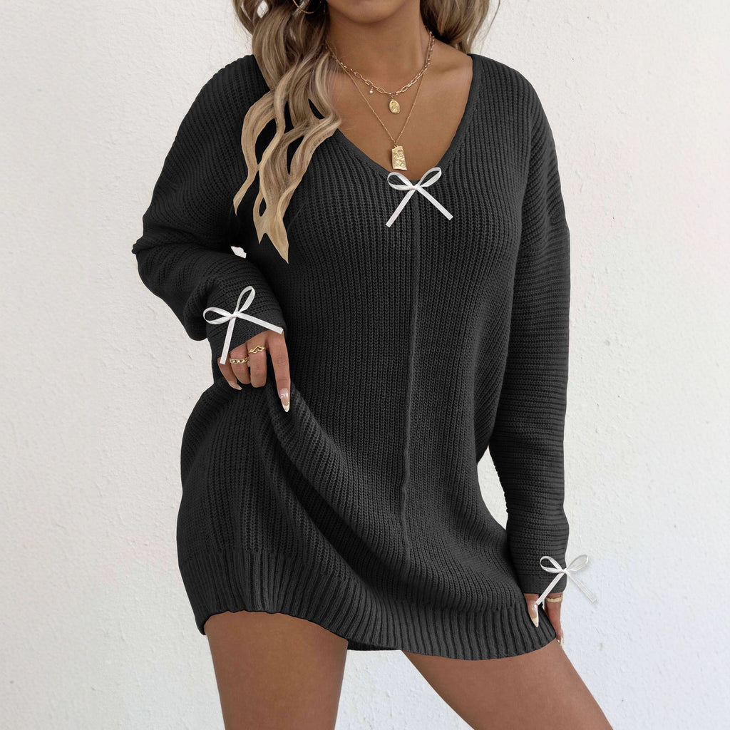 Pull en tricot sexy à col en V profond pour femme avec nœud en ruban, robe pull à manches longues (sans ceinture)