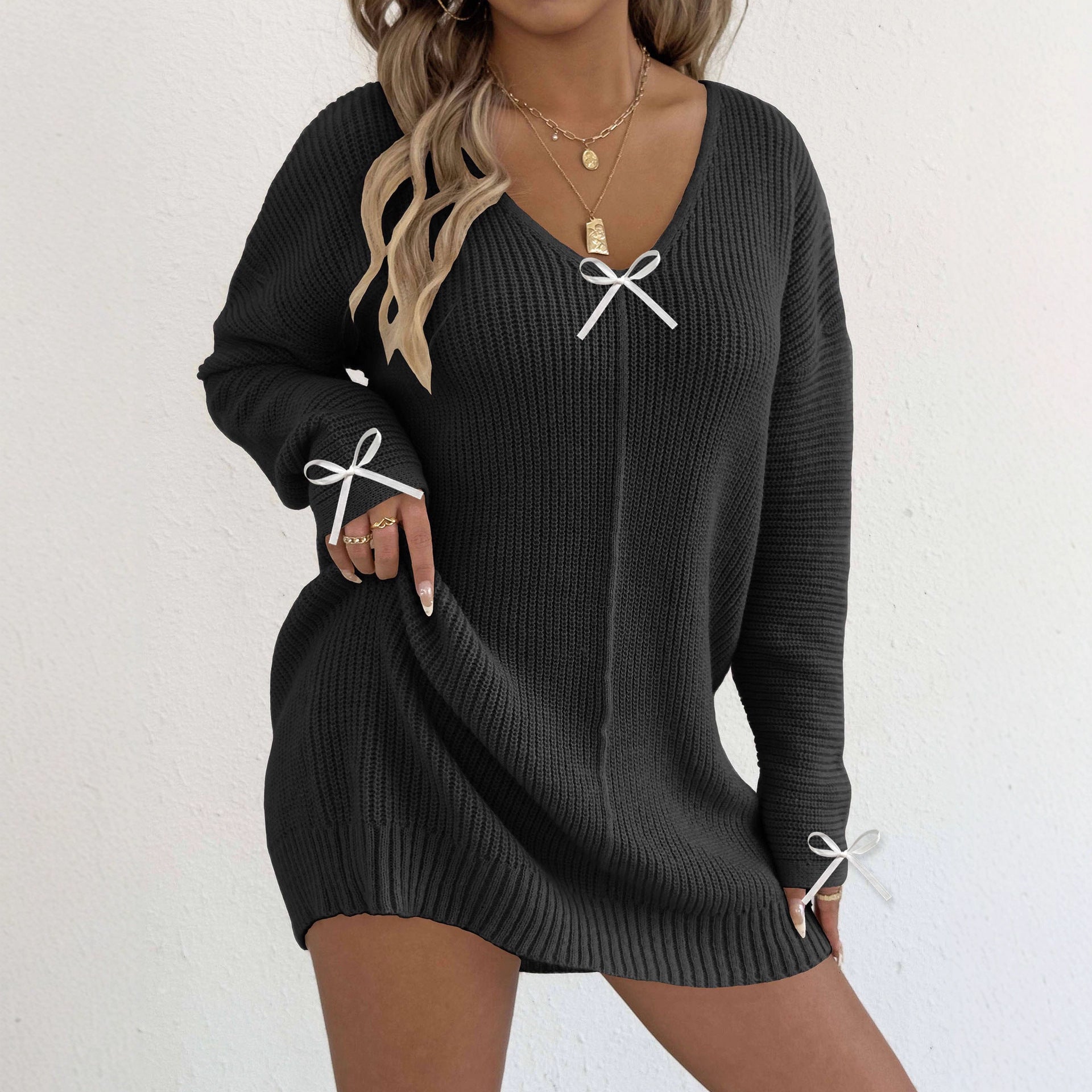 Women's Deep V-Neck Sexy Knit Sweater with Ribbon Bow, Long Sleeve Knit Dress (Without Belt)