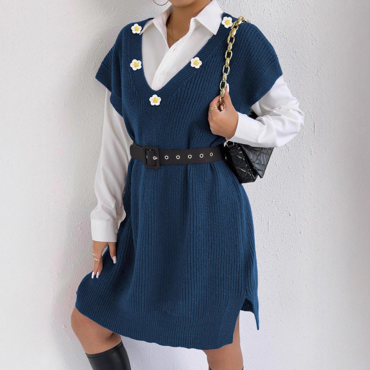 Flower Applique Vest Women's Knit Dress Loose Sleeveless Dress Deep V-neck Cardigan (Without Belt)
